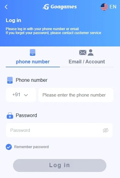 Goa games login page