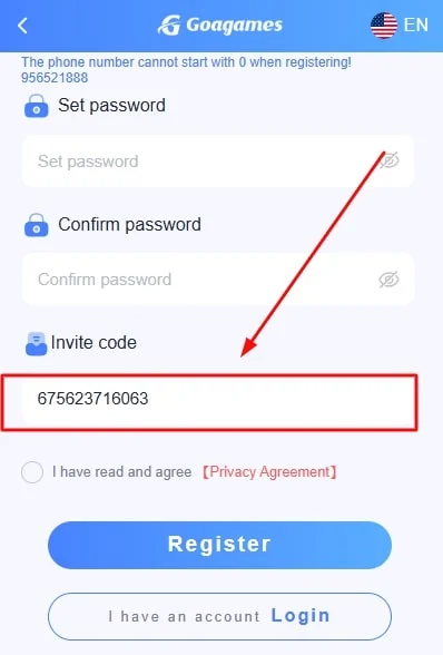 enter the goa games invitation code
